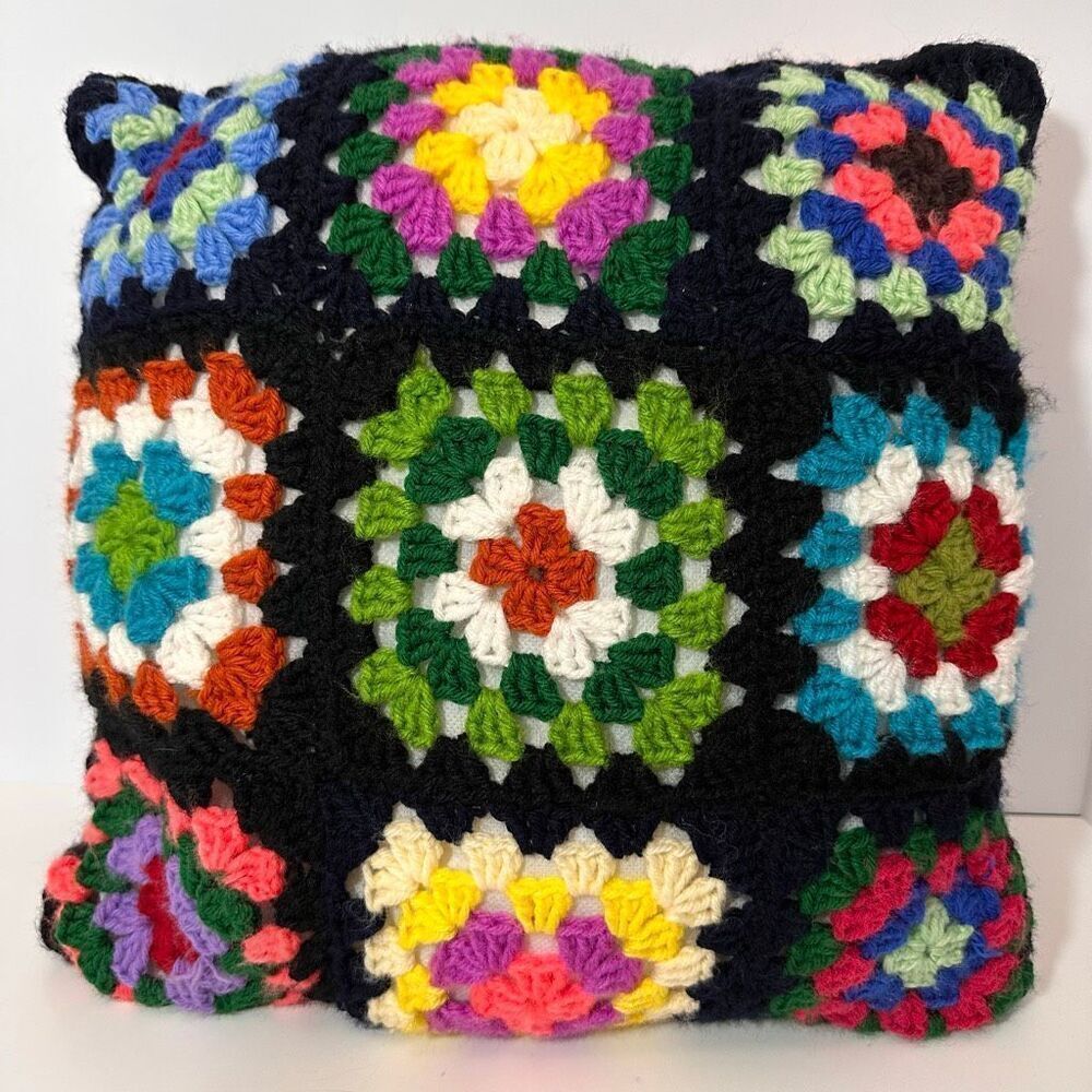 Pillow Crocheted Granny Square Colorful Decoration Black 14”x14”